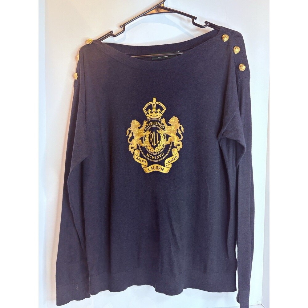 Authentic Lauren Ralph Lauren Navy Blue Gold Crest Sweater